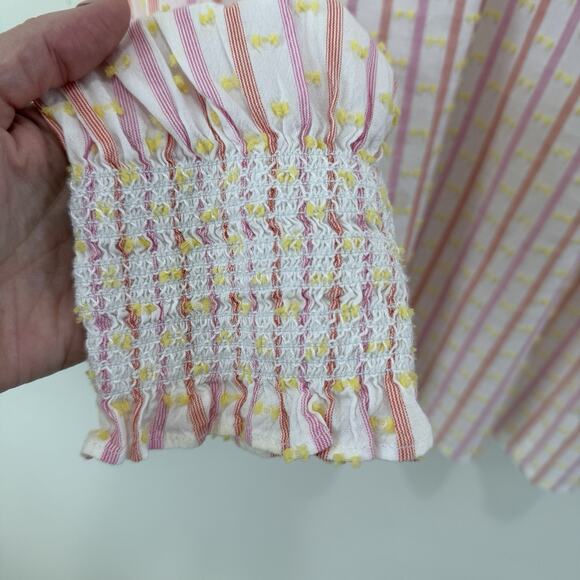 Talbots Jacquard Stripe Smocked Cuff Swiss Dot Blouse Size L Pink Yellow Cottage - Picture 6 of 9